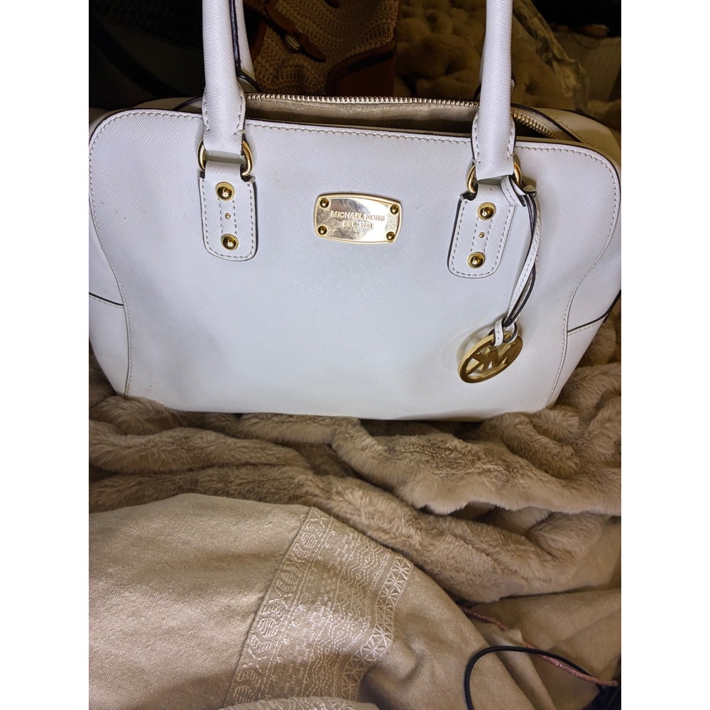 Michael Kors‎ White Saffiano Leather Satchel Handbag Gold Hardware MK Logo Bag